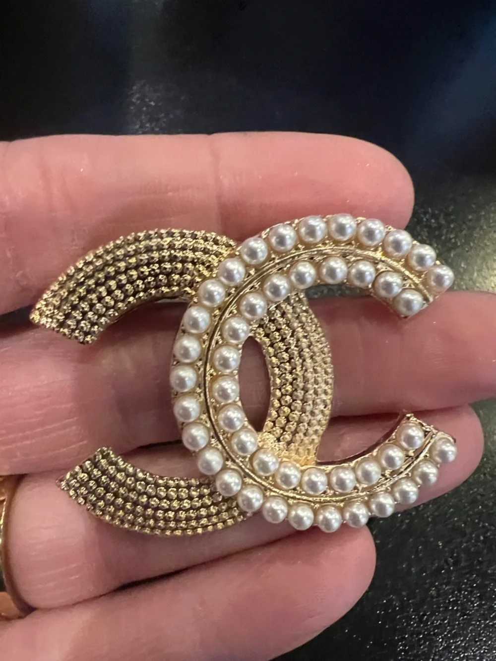 CHANEL Gold-Tone Double C Brooch with Pearl Trim - Picture 3 of 5